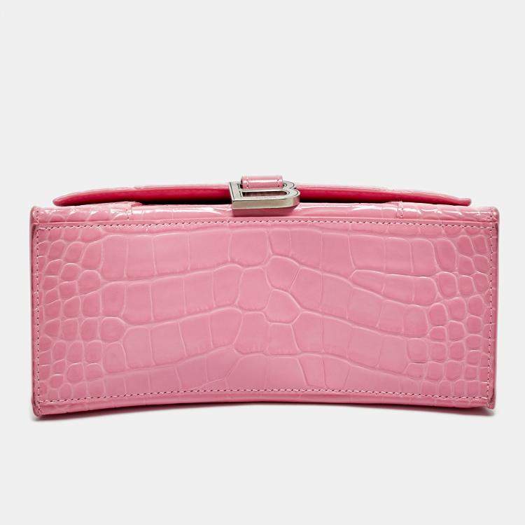 Pre Owned Balenciaga Pink Croc Embossed Leather Small Hourglass Top Handle Bag