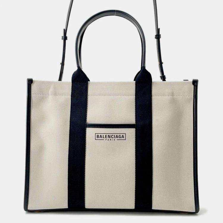 Pre Owned Balenciaga Black/White Canvas Leather Tote Bag 