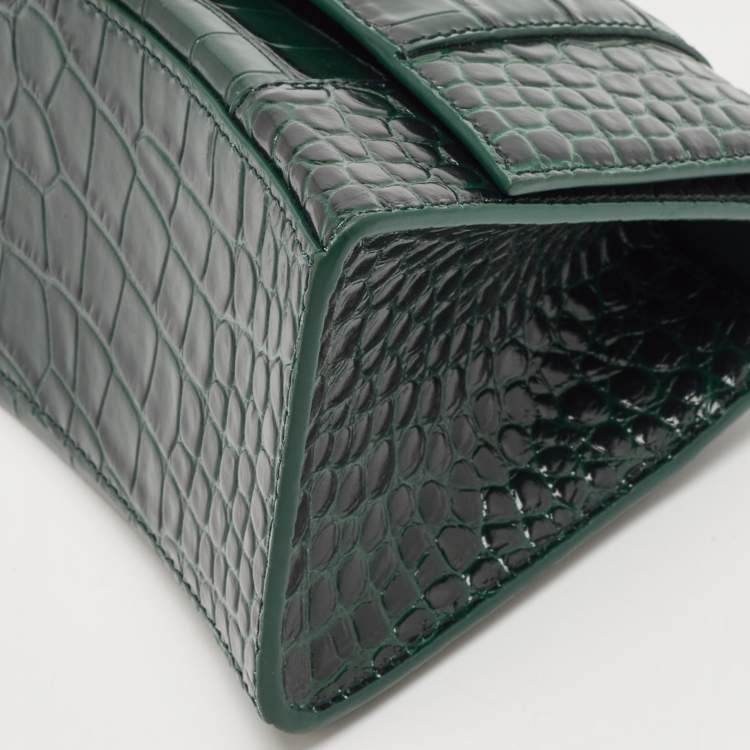 Pre Owned Balenciaga Green Croc Embossed Leather Small Hourglass Top Handle Bag