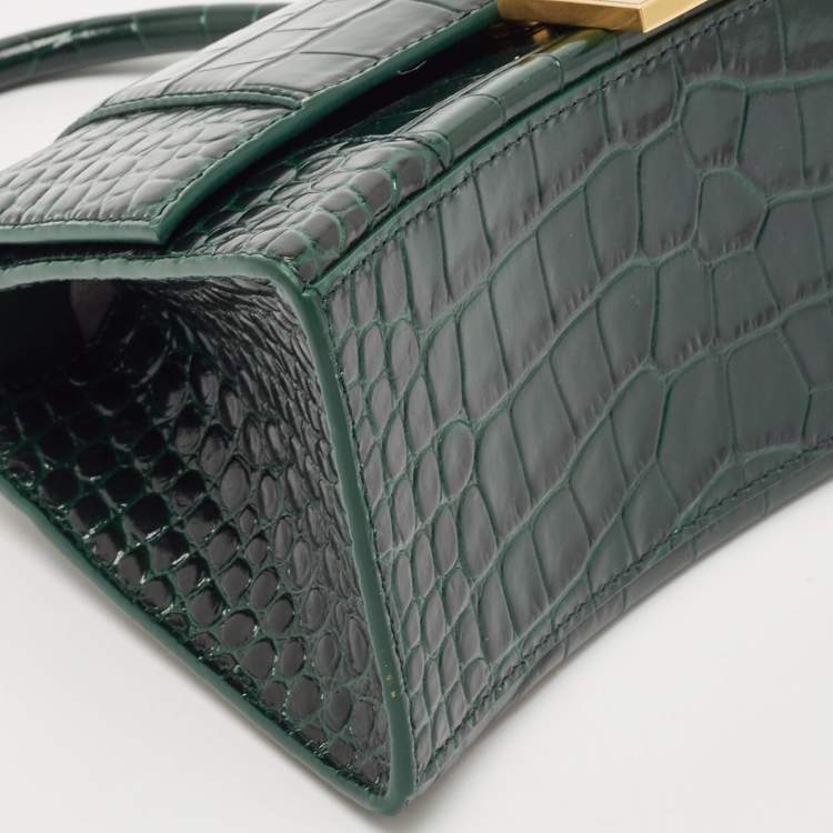 Pre Owned Balenciaga Green Croc Embossed Leather Small Hourglass Top Handle Bag