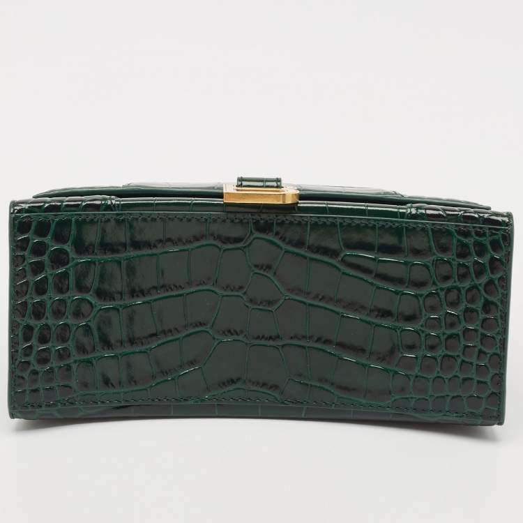 Pre Owned Balenciaga Green Croc Embossed Leather Small Hourglass Top Handle Bag