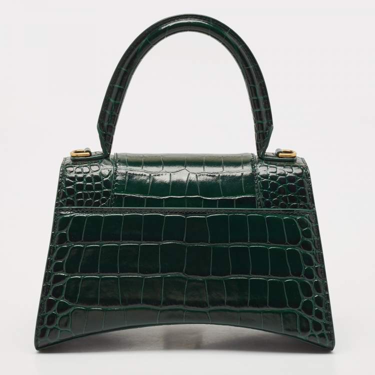 Pre Owned Balenciaga Green Croc Embossed Leather Small Hourglass Top Handle Bag