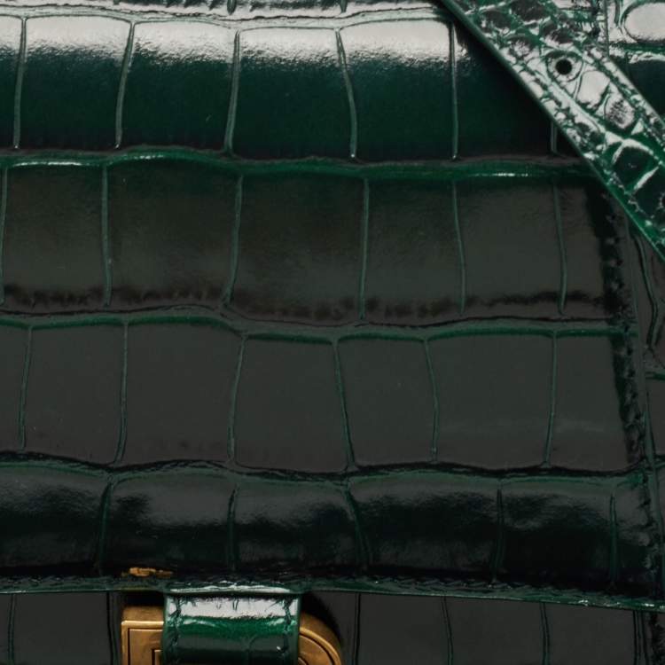Pre Owned Balenciaga Green Croc Embossed Leather Small Hourglass Top Handle Bag