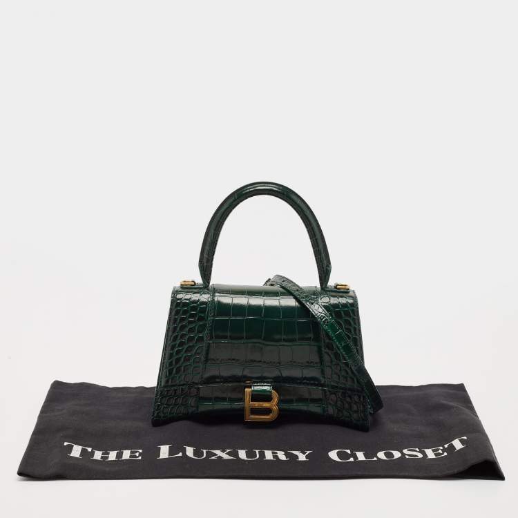 Pre Owned Balenciaga Green Croc Embossed Leather Small Hourglass Top Handle Bag