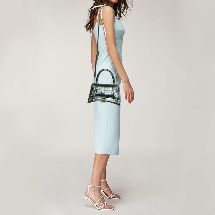 Pre Owned Balenciaga Green Croc Embossed Leather Small Hourglass Top Handle Bag