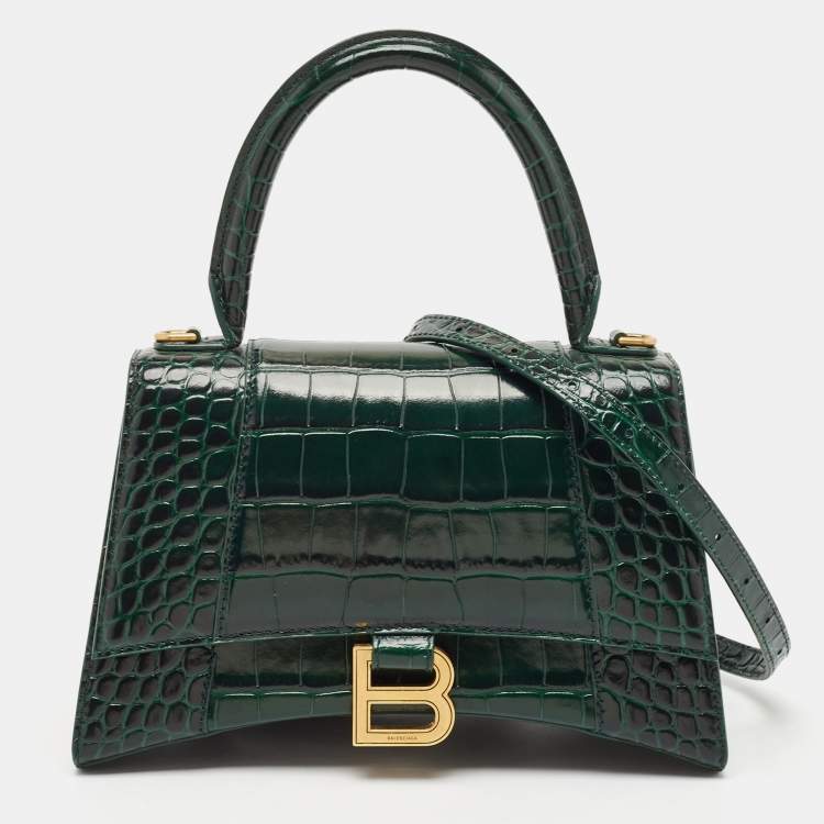 Pre Owned Balenciaga Green Croc Embossed Leather Small Hourglass Top Handle Bag