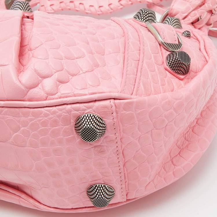 Pre Owned Balenciaga Pink Croc Embossed Leather Small Le Cagole Shoulder Bag