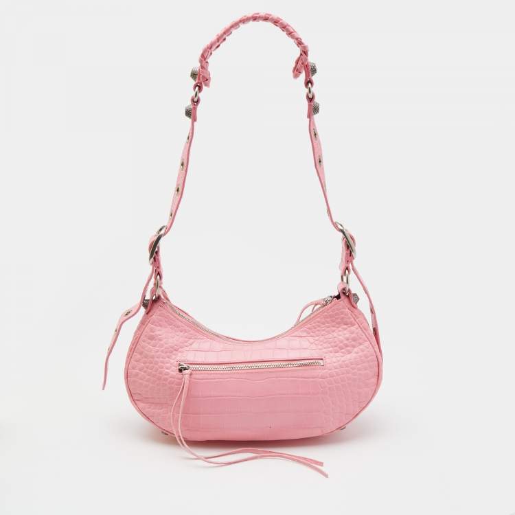 Pre Owned Balenciaga Pink Croc Embossed Leather Small Le Cagole Shoulder Bag