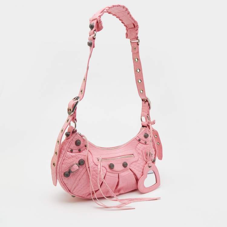 Pre Owned Balenciaga Pink Croc Embossed Leather Small Le Cagole Shoulder Bag