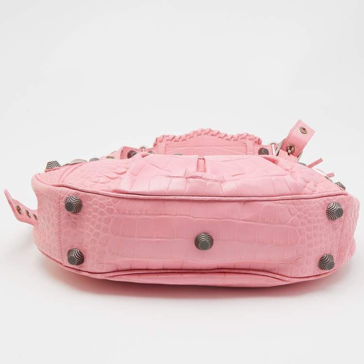 Pre Owned Balenciaga Pink Croc Embossed Leather Small Le Cagole Shoulder Bag