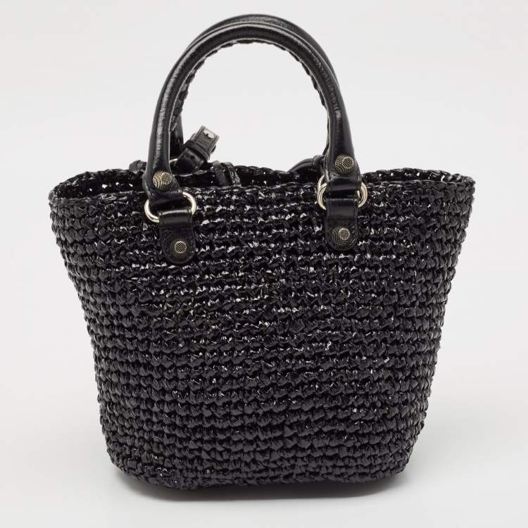 Pre Owned Balenciaga Black Raffia Effect Small Le Cagole Panier Tote