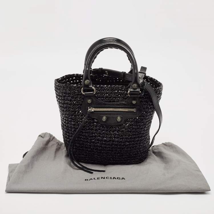 Pre Owned Balenciaga Black Raffia Effect Small Le Cagole Panier Tote