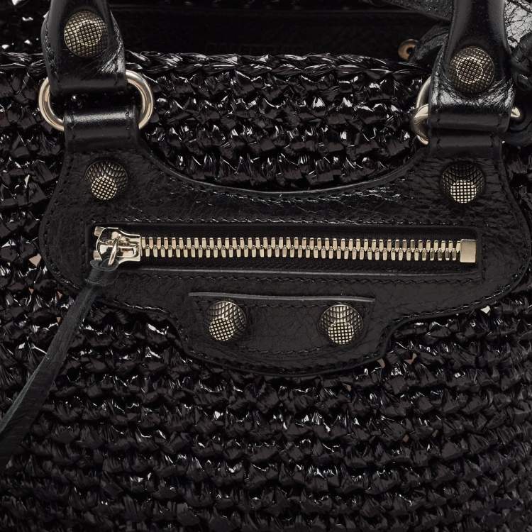Pre Owned Balenciaga Black Raffia Effect Small Le Cagole Panier Tote