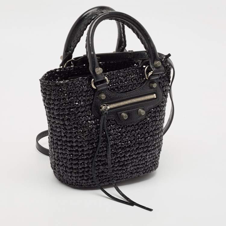 Pre Owned Balenciaga Black Raffia Effect Small Le Cagole Panier Tote