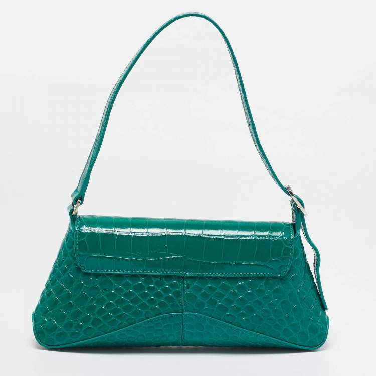 Pre Owned Balenciaga Green Croc Embossed Leather Small Xx Flap Shoulder Bag