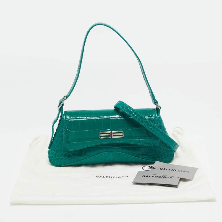 Pre Owned Balenciaga Green Croc Embossed Leather Small Xx Flap Shoulder Bag