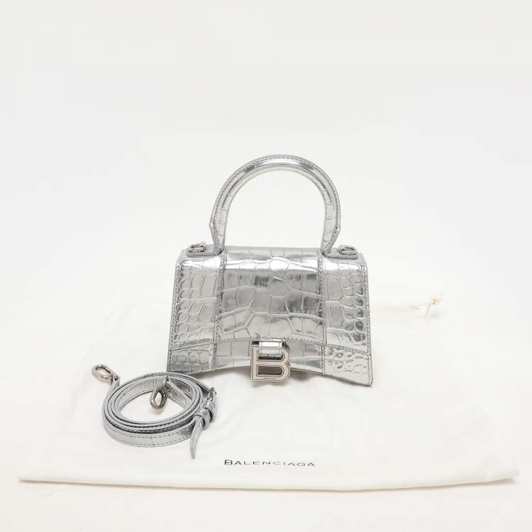 Pre Owned Balenciaga Silver Croc Embossed Leather Hourglass Top Handle Bag
