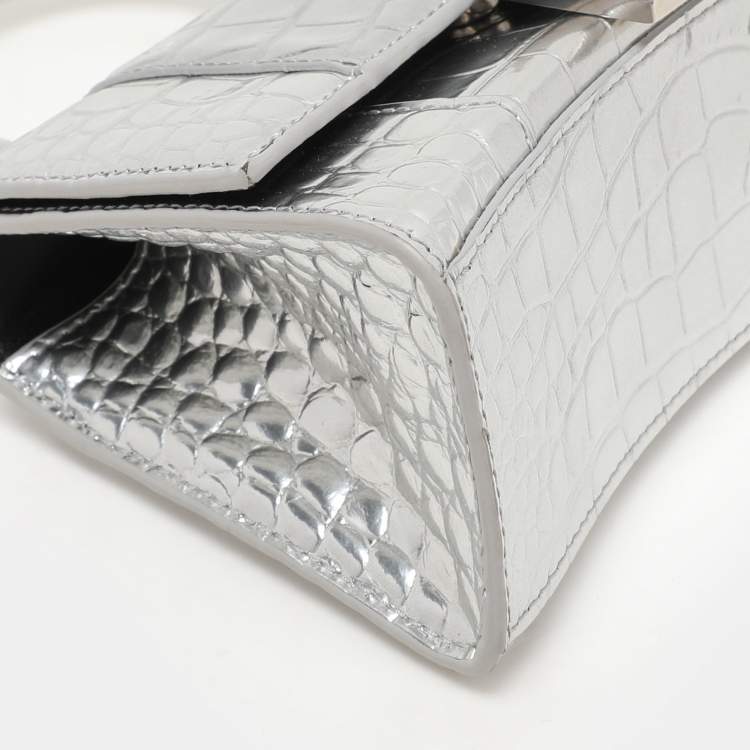 Pre Owned Balenciaga Silver Croc Embossed Leather Hourglass Top Handle Bag