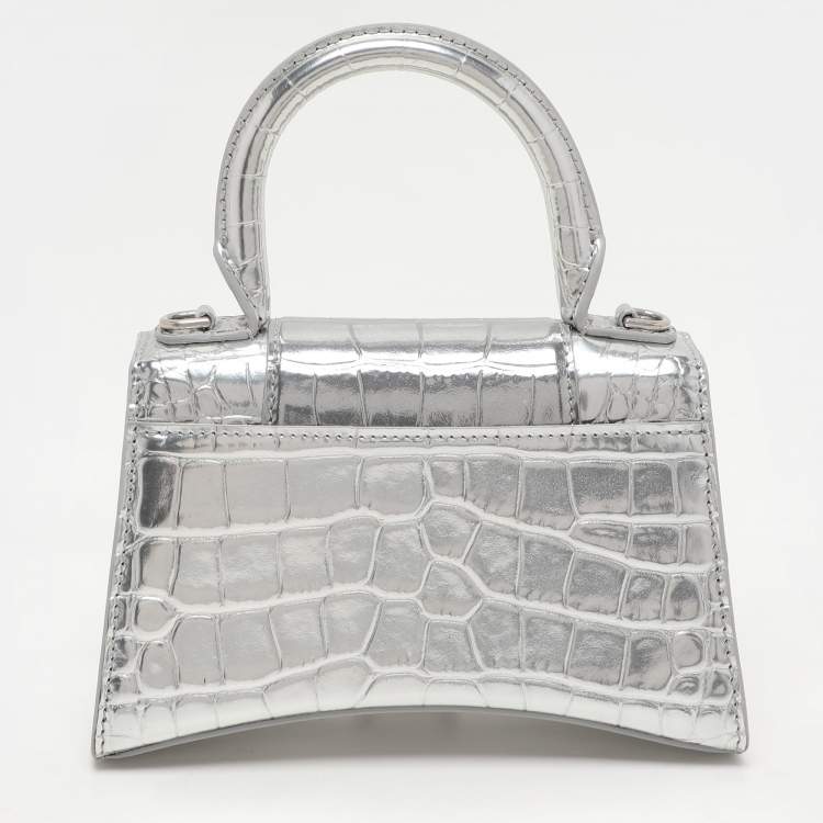 Pre Owned Balenciaga Silver Croc Embossed Leather Hourglass Top Handle Bag