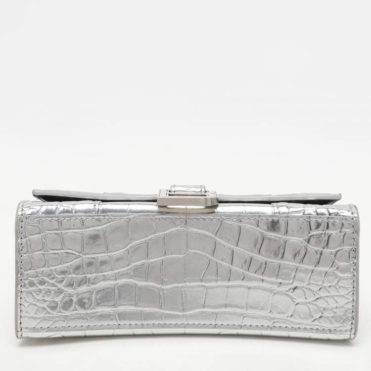 Pre Owned Balenciaga Silver Croc Embossed Leather Hourglass Top Handle Bag