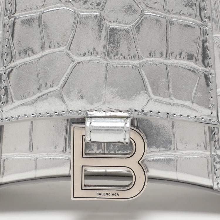 Pre Owned Balenciaga Silver Croc Embossed Leather Hourglass Top Handle Bag