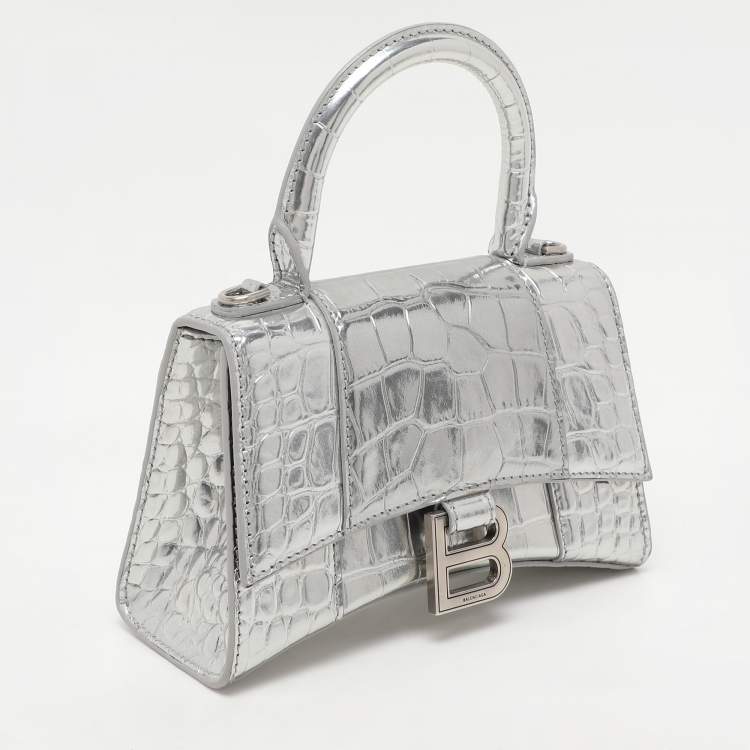Pre Owned Balenciaga Silver Croc Embossed Leather Hourglass Top Handle Bag
