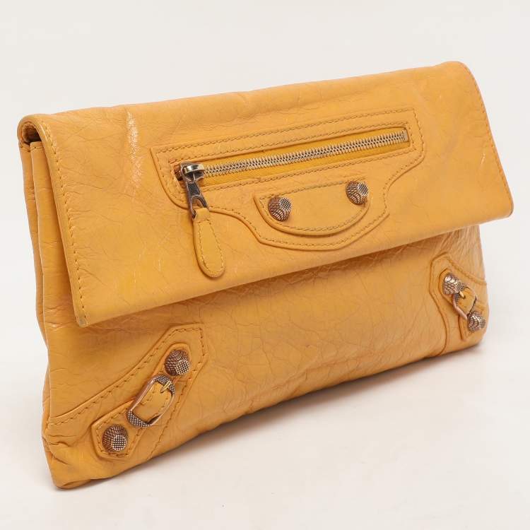 Pre Owned Balenciaga Yellow Leather Classic Giant 12 Hardware Envelope Clutch