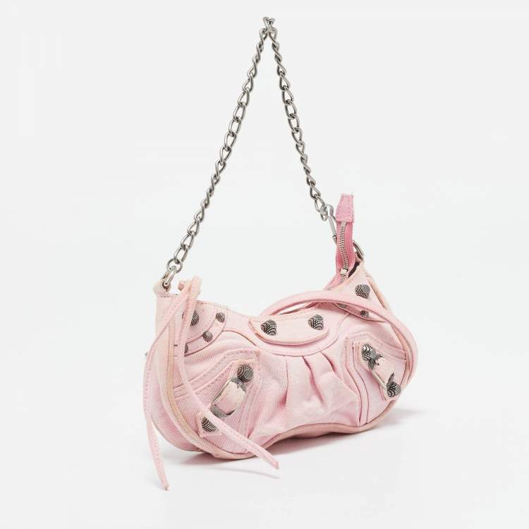 Pre Owned Balenciaga Light Pink BB Monogram Denim Mini Le Cagole Shoulder Bag