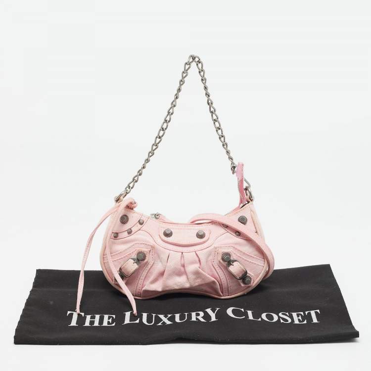 Pre Owned Balenciaga Light Pink BB Monogram Denim Mini Le Cagole Shoulder Bag