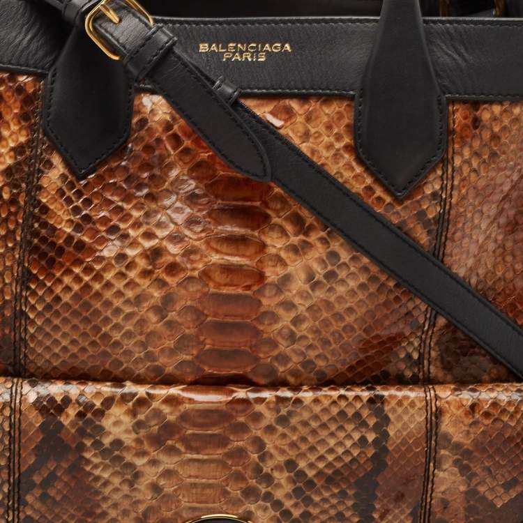 Pre Owned Balenciaga Black/Brown Leather and Python Padlock All Time Tote