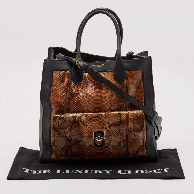 Pre Owned Balenciaga Black/Brown Leather and Python Padlock All Time Tote
