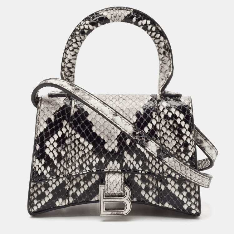 Pre Owned Balenciaga Black/Grey Python Embossed Leather Mini Hourglass Top Handle Bag