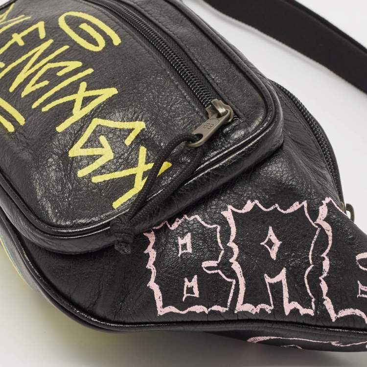 Pre Owned Balenciaga Black Graffiti Print Leather Logo Belt Bag