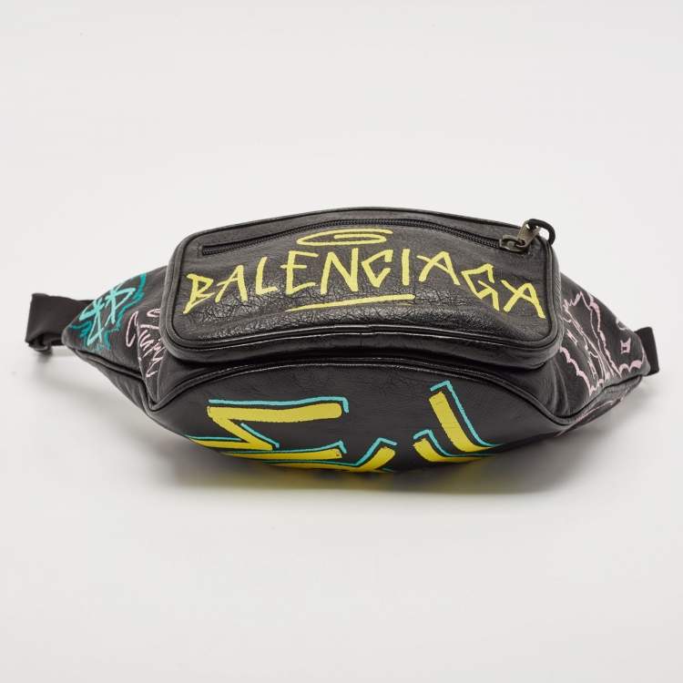 Pre Owned Balenciaga Black Graffiti Print Leather Logo Belt Bag
