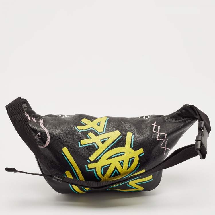 Pre Owned Balenciaga Black Graffiti Print Leather Logo Belt Bag