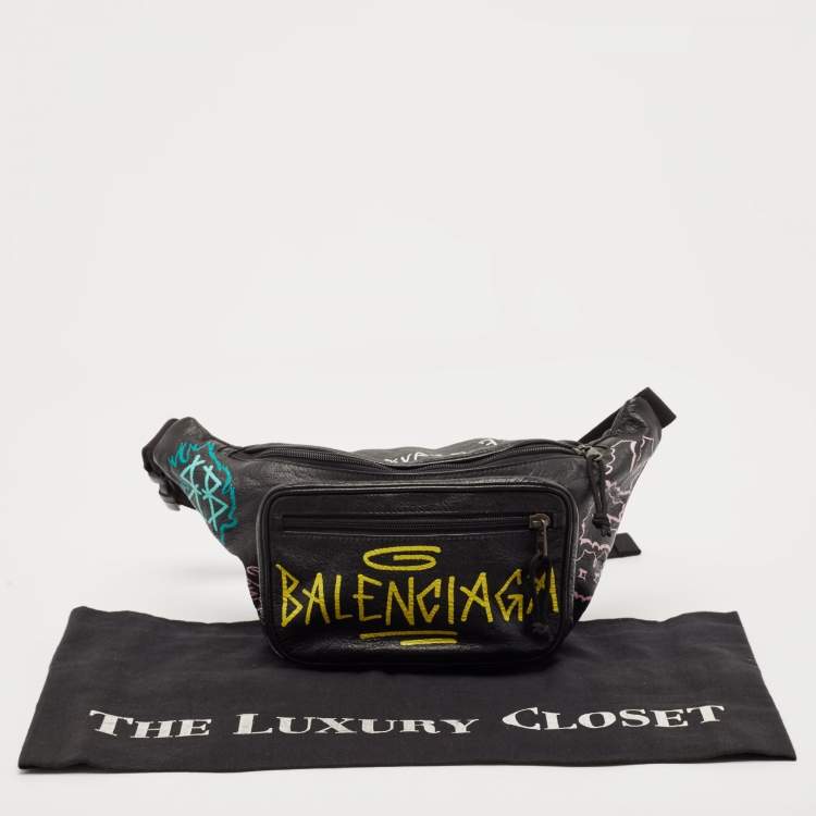 Pre Owned Balenciaga Black Graffiti Print Leather Logo Belt Bag