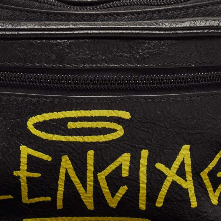Pre Owned Balenciaga Black Graffiti Print Leather Logo Belt Bag