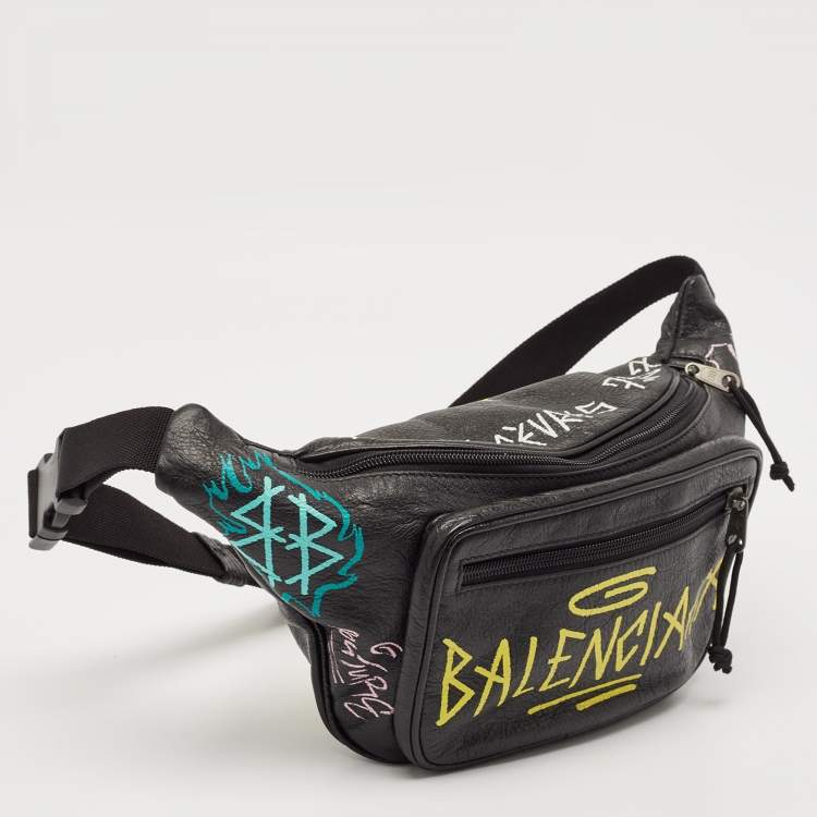 Pre Owned Balenciaga Black Graffiti Print Leather Logo Belt Bag