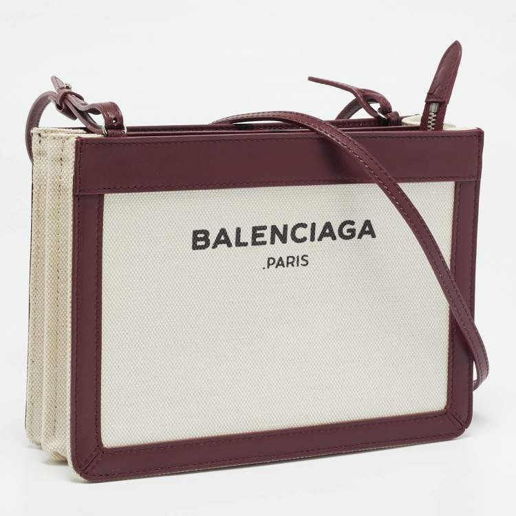 Pre Owned Balenciaga Burgundy/Beige Canvas and Leather Pochette Crossbody Bag