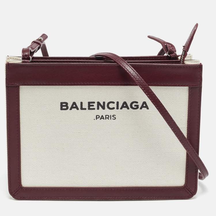 Pre Owned Balenciaga Burgundy/Beige Canvas and Leather Pochette Crossbody Bag