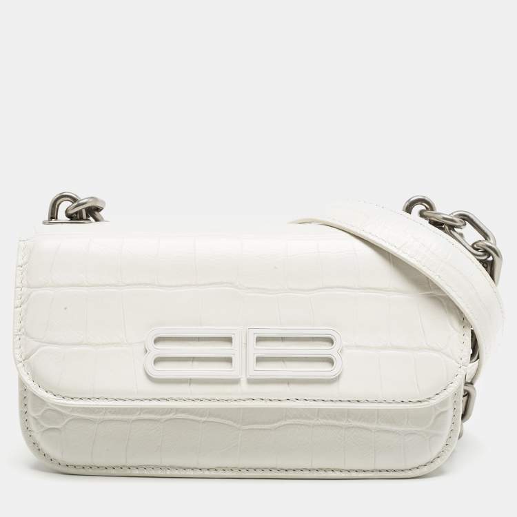 Pre Owned Balenciaga White Croc Embossed Leather XS Gossip Shoulder Bag