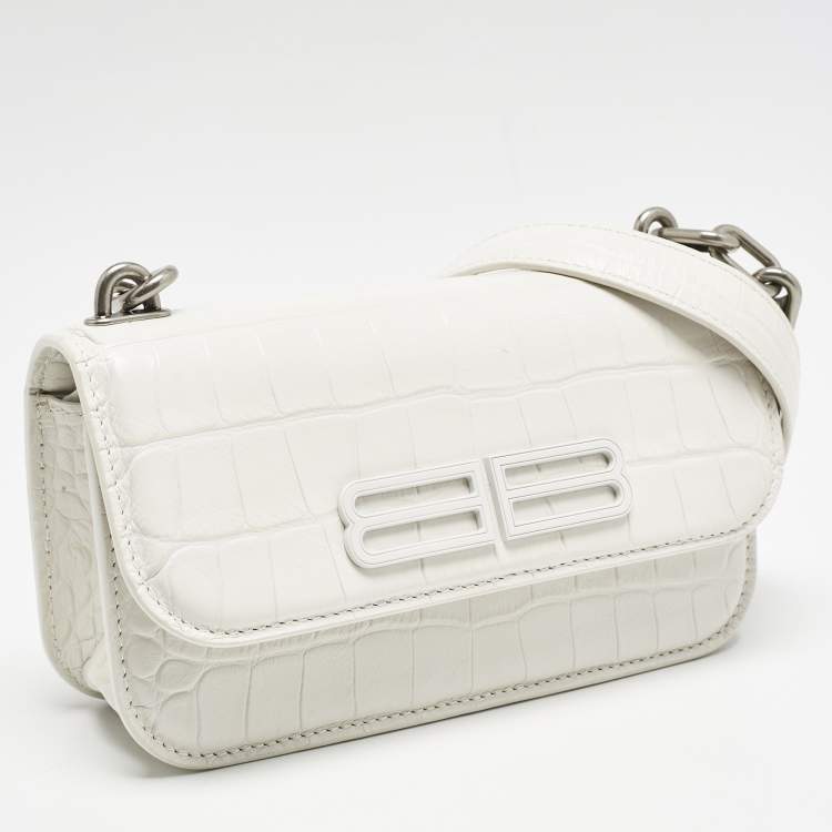 Pre Owned Balenciaga White Croc Embossed Leather XS Gossip Shoulder Bag
