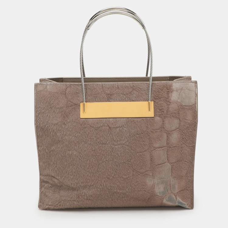 Pre Owned Balenciaga Grey Croc Embossed Calf Hair Small Cable Shopper Tote
