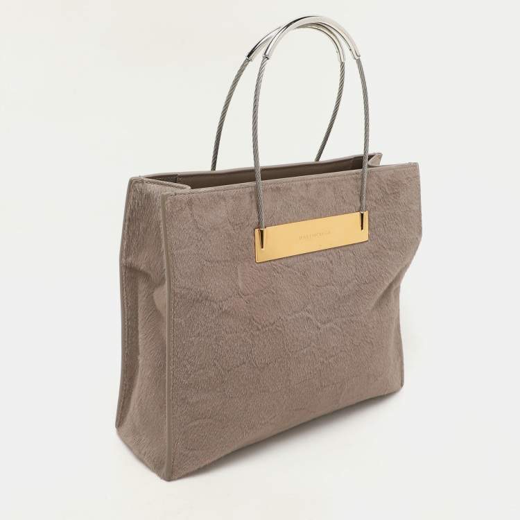 Pre Owned Balenciaga Grey Croc Embossed Calf Hair Small Cable Shopper Tote