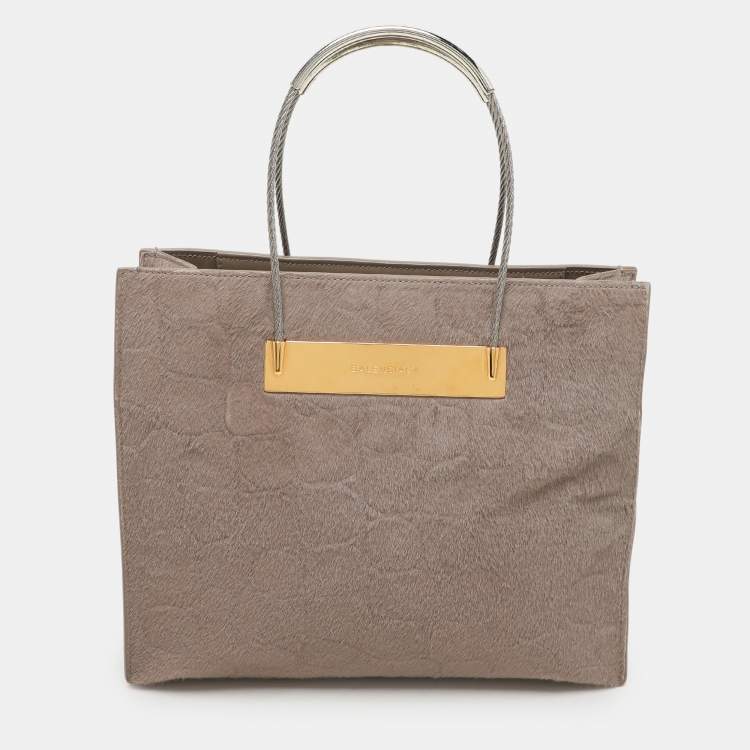 Pre Owned Balenciaga Grey Croc Embossed Calf Hair Small Cable Shopper Tote