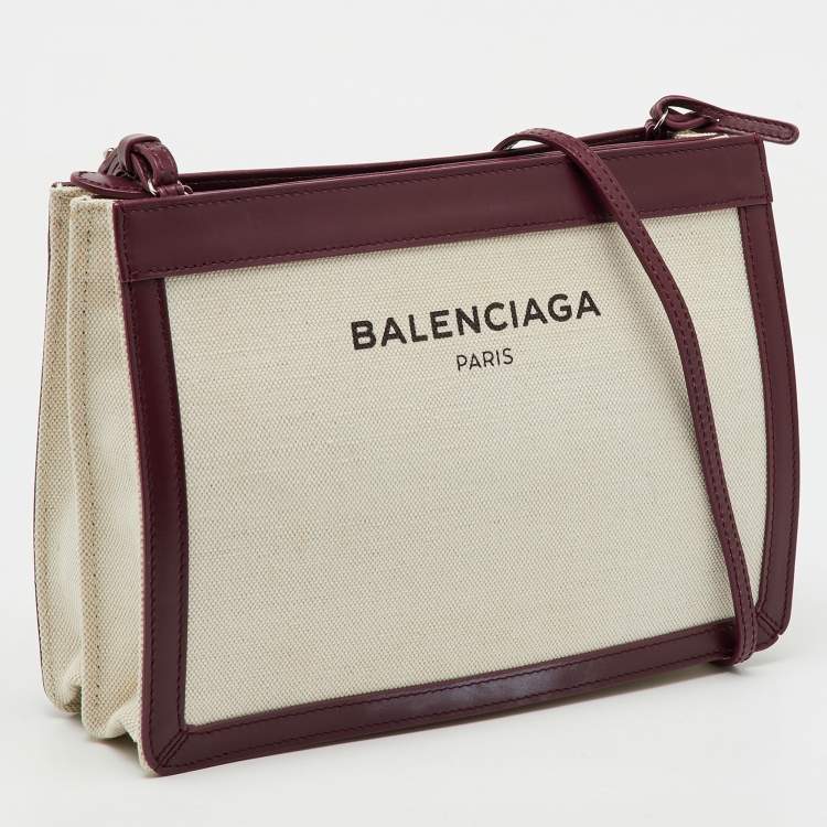 Pre Owned Balenciaga Off-White/Burgundy Canvas and Leather Navy Pochette Crossbody Bag