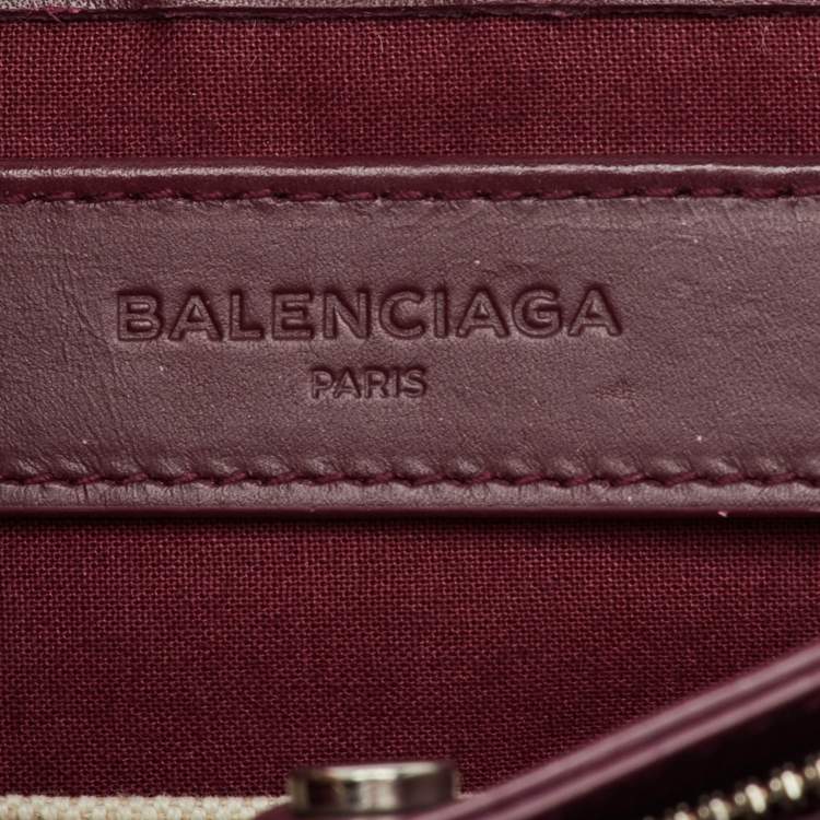 Pre Owned Balenciaga Off-White/Burgundy Canvas and Leather Navy Pochette Crossbody Bag