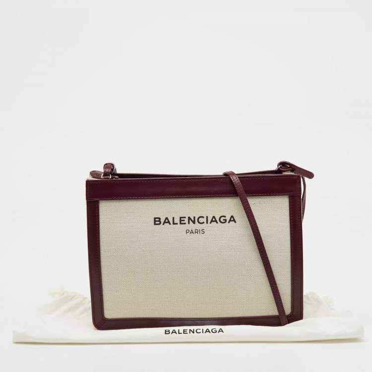 Pre Owned Balenciaga Off-White/Burgundy Canvas and Leather Navy Pochette Crossbody Bag