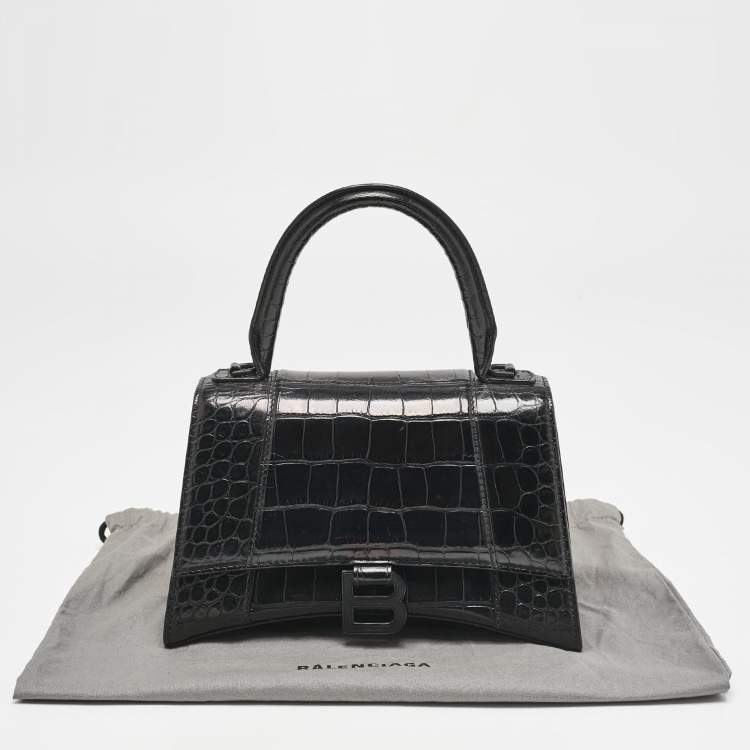 Pre Owned Balenciaga Black Croc Embossed Leather Small Hourglass Top Handle Bag