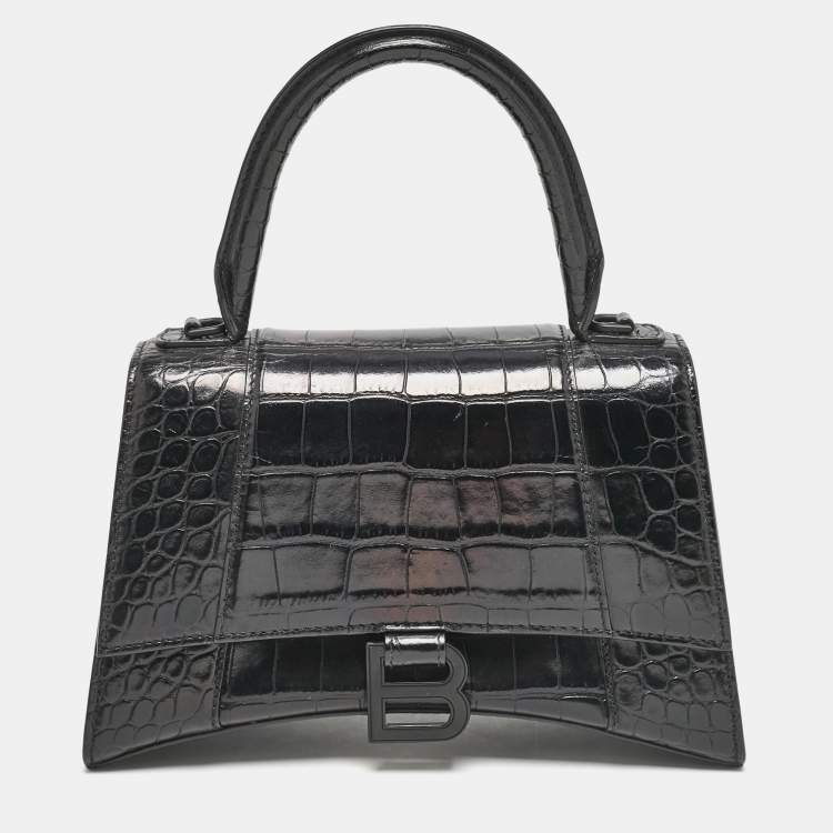 Pre Owned Balenciaga Black Croc Embossed Leather Small Hourglass Top Handle Bag